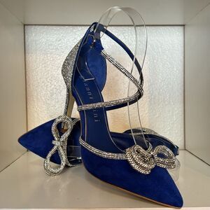 Gianni Bini Ezlynn Rhinestone Embellished Bow Suede Pointed Toe Blue Party Heels